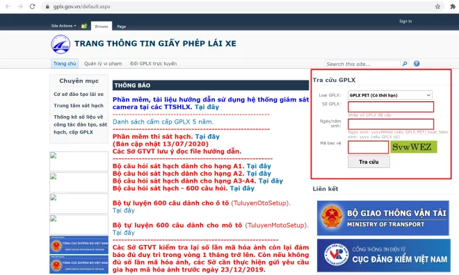 Hướng dẫn Tra cứu GPLX trực tuyến tại Website Tổng Cục Đường Bộ Việt Nam